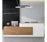 Scrivania moderna a forma di L, mobile da ufficio elegante con cassetto tastiera, tavolo da ricevimento in legno per spazi commerciali, design elegante della reception