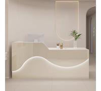 Scrivania moderna beige con cassetti e luce a LED, elegante tavolo da banco anteriore per piccole imprese, design in legno ingegnerizzato, soluzioni di archiviazione da 120 cm
