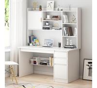 Scrivania moderna bianca per casa e ufficio, con cassettiera e libreria, postazione di lavoro con cassetti, elegante scrivania in legno per computer (119,4 x 45,7 x 162,6 cm)