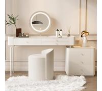 Scrivania moderna bianca per trucco, toeletta rotonda con specchio, tavolo cosmetico in legno massello con cassetti, 3 colori regolabili Vanity con luci (colore: bianco+gambe del tavolo bianche,
