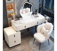 Scrivania moderna con cassetti, specchio regolabile e sgabello, tavolo da trucco salvaspazio per camera da letto, elegante e funzionale, con luci a LED