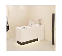 Scrivania moderna con illuminazione ambientale, elegante finitura bianca, spazioso bancone anteriore con serratura, elegante tavolo per reception per riporre oggetti in modo sicuro (90 cm a destra)