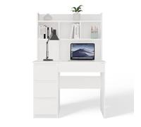 Scrivania Moderna con Libreria 5 Ripiani 98x146 cm, Mobile PC Salvaspazio con 4 Cassetti, Scrittoio per Cameretta e Studio, Design Elegante, Bianco Opaco SCT15 (Cassetti a sinistra)