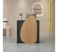 Scrivania moderna con piccolo bancone frontale dotato di cassetti e occhielli per la gestione dei cavi, ideale per saloni di ingresso, negozi al dettaglio e uffici domestici