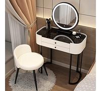 Scrivania moderna con specchio e luci LED, Smart Touch, 3 colori della luce abbinati in vetro temperato nero, gambe eleganti in ferro con sgabello/sedia a scelta tra due opzioni