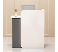 Scrivania moderna in legno con cassetti e contenitore, elegante bancone anteriore per salone, ufficio, atrio, vendita al dettaglio, bianco e grigio, lato sinistro, 140 x 45 x 100 cm