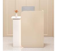 Scrivania moderna in legno con cassetti e contenitori, elegante bancone per salone, ufficio, hall e vendita al dettaglio, beige e bianco, orientamento a sinistra, 80 x 45 x 100 cm
