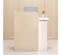 Scrivania moderna in legno con cassetti, elegante bancone frontale, per ufficio, salone, atrio e vendita al dettaglio, beige e bianco, orientamento destro, 160 x 45 x 100 cm