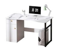 Scrivania moderna per computer con cassetto e libreria, struttura in legno e metallo, scrivania per casa e ufficio