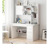 Scrivania moderna per computer da casa e ufficio, con ripiani e contenitore, bianco, 99 x 45,7 x 162,6 cm, tavolo per postazione di lavoro per studio con gabbia e libreria