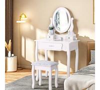 Scrivania moderna per ragazze, set di tavolo da trucco con 3 cassetti e specchio ovale a 360°/sgabello imbottito, set da toeletta bianco per camera da letto
