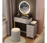 Scrivania moderna per trucco con specchio a LED, 4 cassetti, set di toeletta con sgabello imbottito, decorazione per camera da letto per donne e ragazze (70 cm C)