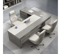 Scrivania Moderna per Ufficio direzionale, scrivania a L in Legno Grigio con cassetti e Spazio di archiviazione, Base a piedistallo, Gestione dei Cavi, Senza sedie, 86,5" x 63" L 29,5" A (Ritorno a s