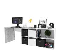 Scrivania Con Libreria Reversibile Kirkensen Scrittoio Scaffali Laterali Mobile Desk da Ufficio Soggiorno Sala Da Pranzo 120 x 144 x 53 cm Colore Bianco e Rovere