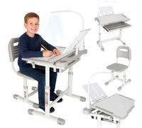 Scrivania per bambini regolabile con sedia e lampada LED, grigia