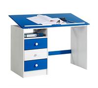 - Scrivania per bambini studenti scrivania Kevin, in legno di pino laccato in bianco blu, inclinazione