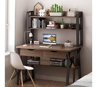 Scrivania per casa e ufficio, postazione di lavoro con ripiani superiori, scrivania per computer con gabbia e libreria per studiare la scrittura