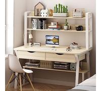 Scrivania per casa e ufficio, postazione di lavoro con ripiani superiori, scrivania per computer con gabbia e libreria per studiare la scrittura