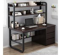 Scrivania per Computer con armadietto e libreria, scrivania per casa e Ufficio con 3 cassetti, scrivania Industriale, postazione di Lavoro per casa e Ufficio (47 Pollici, Noce Nera)