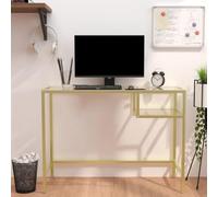Scrivania per Computer Moderna in Vetro Temperato 100x36x74 cm, Scrivania Trasparente con Struttura in Ferro Oro, Elegante e Salvaspazio per Casa Ufficio, Design Industriale Stabile e Robusto