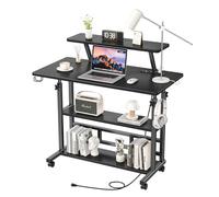Scrivania per computer regolabile in altezza con prese di corrente, piccola scrivania mobile per computer da 80 cm, con supporto per monitor e ripiani portaoggetti, scrivania manuale su ruote, tavolo
