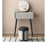 Scrivania per il trucco sottile grigia con superficie di scrittura in microfibra, specchio rotante e sgabello imbottito, 60 cm, elegante design in ardesia, gambe in metallo, perfetta per piccoli spazi