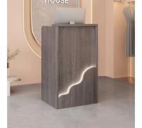 Scrivania per reception a forma di L con ripiani aperti e cassetti, bancone moderno per supermercati, minimarket e hotel, mobili da ufficio eleganti e funzionali