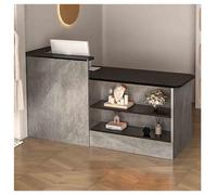Scrivania per reception con cassetti, con serratura e cassetto, colore grigio, per lobby e casse al dettaglio, orientamento a sinistra, elegante arredamento per sala ricevimenti