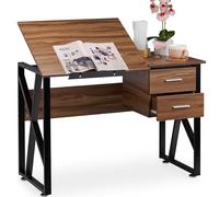 BAKAJI Scrivania con Cassettiera 2 Cassetti e Piano Reclinabile Tavolo da Lavoro Porta Pc Computer Struttura in Metallo e Piano in Legno MDF Arredamento Casa Ufficio 110 x 75 x 55 cm (Noce)