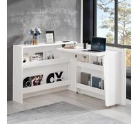 Scrivania pieghevole 115 × 27 × 93 cm chiusa, 95 × 51 cm con ruote e caricatore wireless, bianco lucido, credenza e posto di lavoro 2 in 1, superficie del tavolo, con ripiano e anti ribaltamento