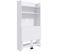 Scrivania Pieghevole con Libreria a 4 Ripiani, 2 Ruote e Foro Passacavi, 80x69x155 cm, Bianco