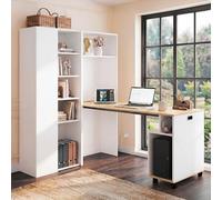 Scrivania pieghevole con ripiani, libreria e scrivania pieghevole 2 in 1, con presa e porta USB, ripiani regolabili in altezza, protezione antiribaltamento, scrivania bianca, scrivania angolare a