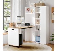 Scrivania pieghevole con ripiani, libreria e scrivania pieghevole 2 in 1, con presa e porta USB, ripiani regolabili in altezza, protezione antiribaltamento, scrivania bianca, scrivania angolare destra