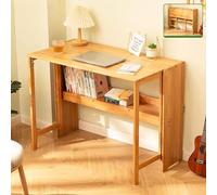 Scrivania pieghevole in bambù con libreria, tavolo per computer salvaspazio, piccola scrivania pieghevole per studenti per casa, camera da letto, studio, ufficio, postazione di lavoro (colore legno