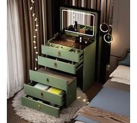 Scrivania pieghevole in legno con specchio e luce, 3 modalità di colore, luminosità regolabile, comodino con 2 cassetti e sgabello portaoggetti altezza 60 cm, perfetto per la configurazione della