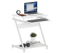 Scrivania portatile per computer portatile, piccola, doppia scrivania con ruote universali bloccabili e vassoio per tastiera, 60 x 46 x 73 cm, colore bianco, perfetta per casa, ufficio e studio
