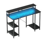 HOMCOM Scrivania per PC Reversibile con Prese Elettriche, Luci, Supporto Monitor e Scaffale, 120x50cm, Nero