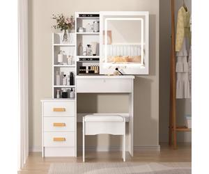 Scrivania vanità con specchio illuminato scorrevole e 4 cassetti chiudibili, scrivania per trucco luci a LED regolabili in 3 colori, spazio nascosto, tavolo per lo styling facile bianco