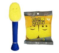 Scrub Daddy Dish Daddy - Bacchetta per piatti e testine di ricarica, spazzola per piatti con erogatore di sapone, spugna che cambia consistenza con manico liquido, spugna per piatti con raschietto