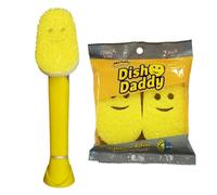 Scrub Daddy Dish Daddy Spazzola per piatti con dispenser di sapone e testine di ricambio, Spugna per piatti con serbatoio per detersivo liquido, Spugna con manico e raschietto integrato - Giallo
