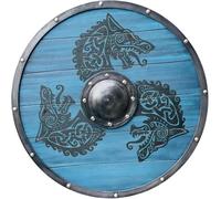 Scudo vichingo, scudo medievale rotondo in legno con disegno di drago celtico, blu e grigio, decorazione da parete