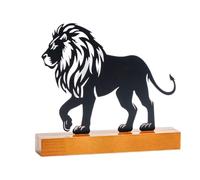 Scultura leone, decorazione da tavolo leone, statuetta animale in metallo con base in legno, scultura astratta moderna per camera da letto, ingresso ed esterno