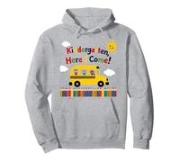 Scuola Materna Here I Come 1 ° Giorno Ragazzo Eccitazione Scuolabus Felpa con Cappuccio, Unisex per Adulti, Grigio Melange, S