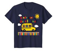 Scuola Materna Here I Come 1 ° Giorno Ragazzo Eccitazione Scuolabus Maglietta, Bambini, Navy, 4 Anni
