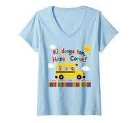 Scuola Materna Here I Come 1 ° Giorno Ragazzo Eccitazione Scuolabus Maglietta con Collo a V, Donna, Celeste, XL