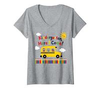 Scuola Materna Here I Come 1 ° Giorno Ragazzo Eccitazione Scuolabus Maglietta con Collo a V, Donna, Grigio Melange, XL