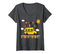 Scuola Materna Here I Come 1 ° Giorno Ragazzo Eccitazione Scuolabus Maglietta con Collo a V, Donna, Grigio Scuro, L