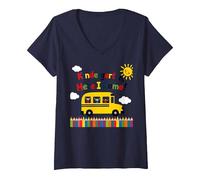Scuola Materna Here I Come 1 ° Giorno Ragazzo Eccitazione Scuolabus Maglietta con Collo a V, Donna, Navy, L