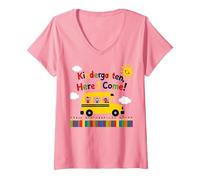 Scuola Materna Here I Come 1 ° Giorno Ragazzo Eccitazione Scuolabus Maglietta con Collo a V, Donna, Rosa, M