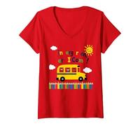 Scuola Materna Here I Come 1 ° Giorno Ragazzo Eccitazione Scuolabus Maglietta con Collo a V, Donna, Rosso, XL